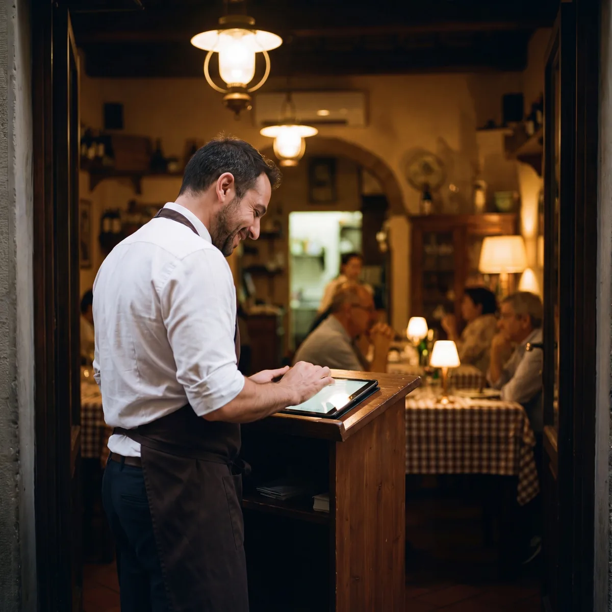 A member of the waiting staff at the door, checking the evening bookings on a tablet