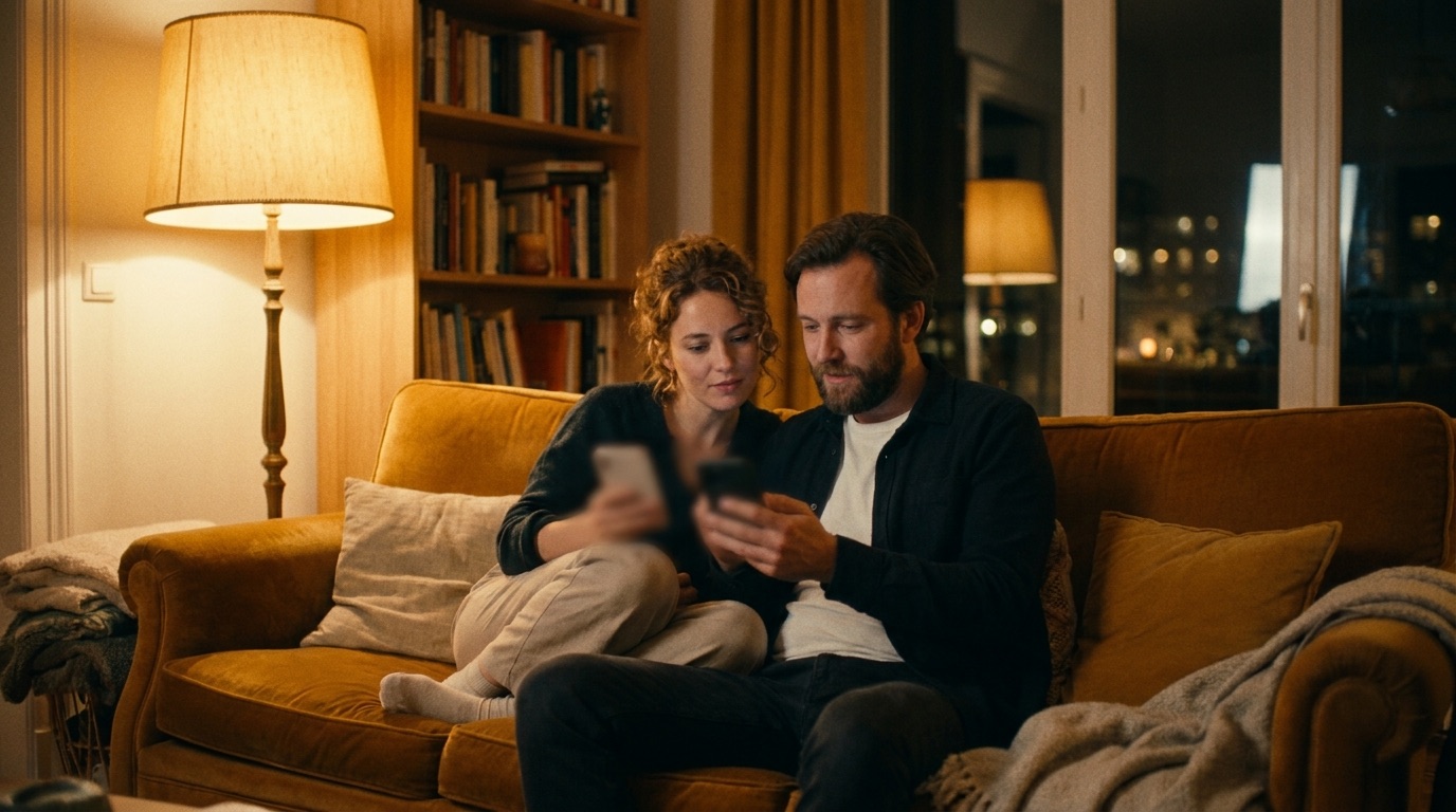 A couple on their sofa in the evening, choosing a restaurant together on their phones