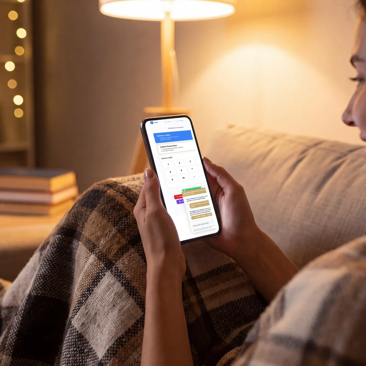 A hand holding a phone with the booking widget and the chat open